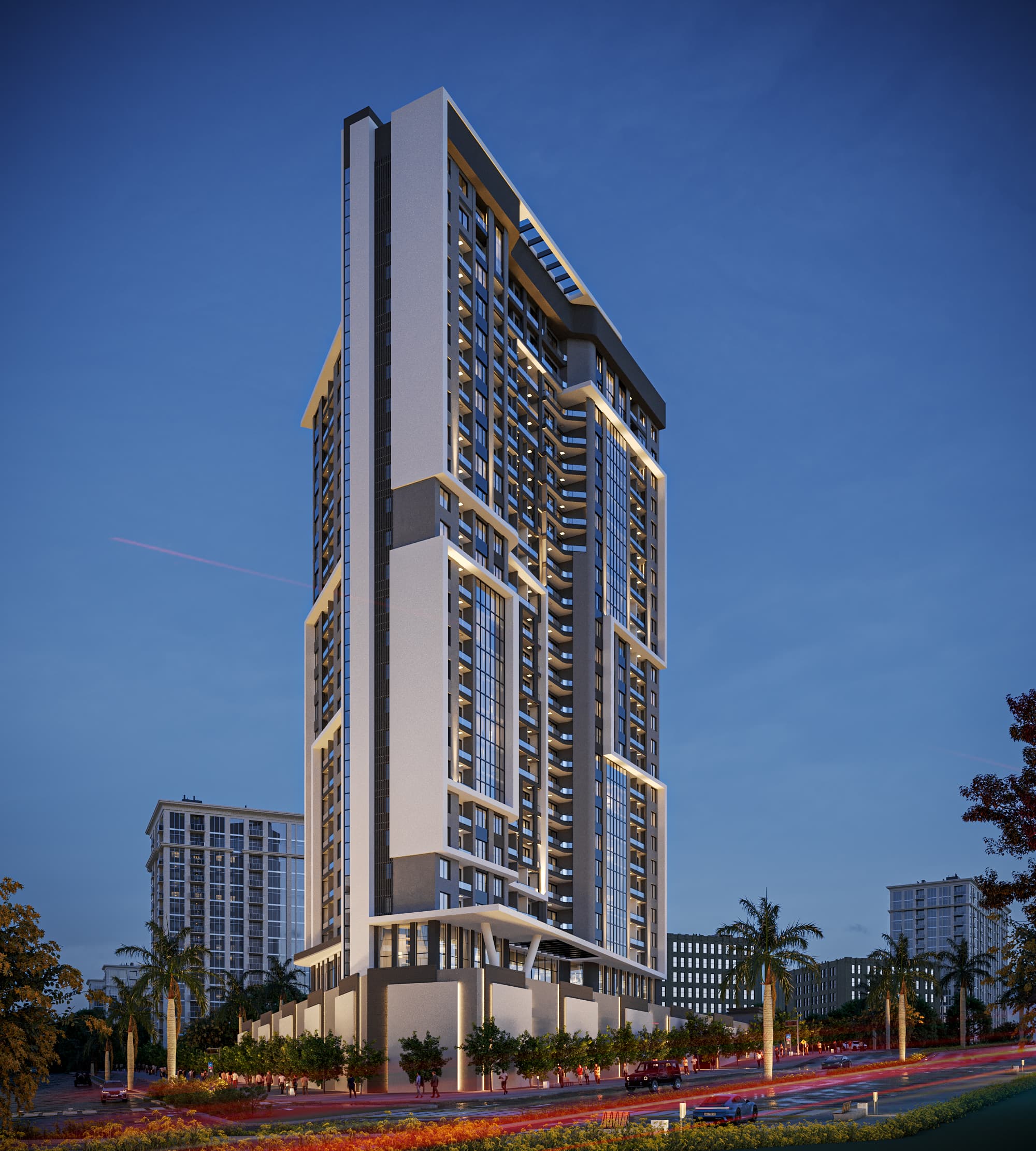 Cadenza Residence tower — exterior render at dusk, Nakasero, Kampala