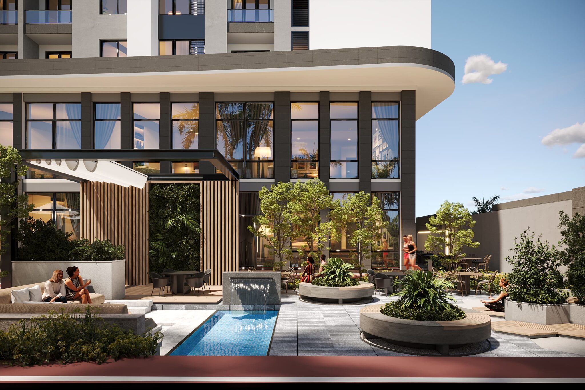 Cadenza Residence common area — landscaped courtyard with pool and seating